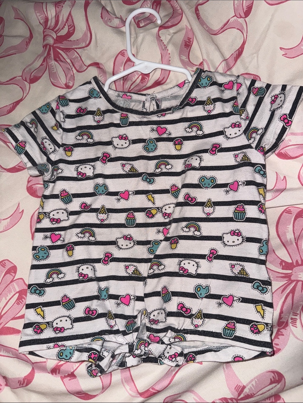 Girls' Striped Short Sleeve Pajama Top - White, Black & Pink